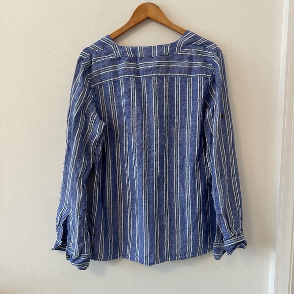 Lauren Ralph Lauren Linen Blue Striped Long Sleeve Popover Blouse | Size Large - Picture 4 of 8